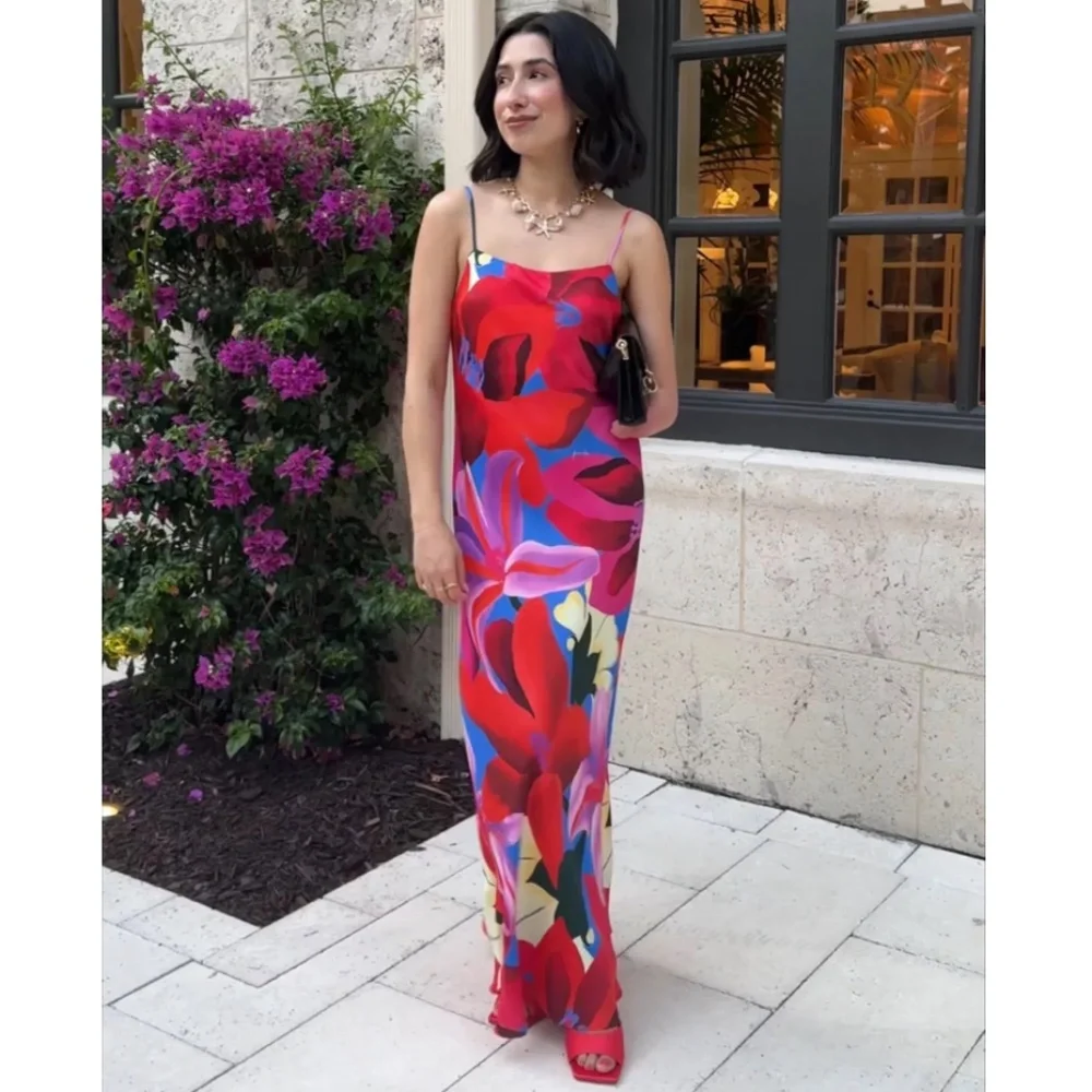 *SOLD* Farm Rio Watercolor Floral Slip Satin Maxi Dress Floral Blue Small NEW - Picture 4 of 15